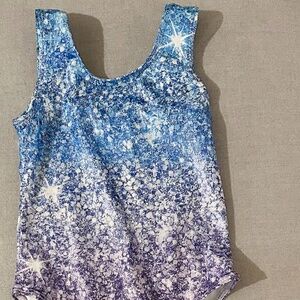 Girls 4T gymnastics leotard and shorts shiny purple blue